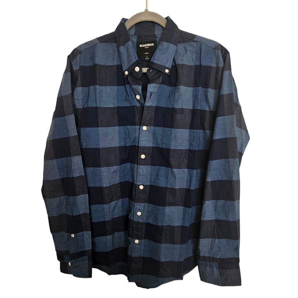 Bonobos Shirt Blue Checker Long Sleeve Button Front Shirt Men L Slim Fit Stretch